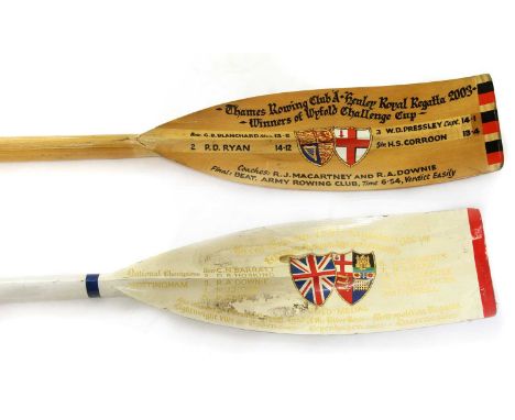 Rowing memorabilia belonging to Robert A Downie,including:three oars with painted blades,'Thames Rowing Club 'A; Henley Royal