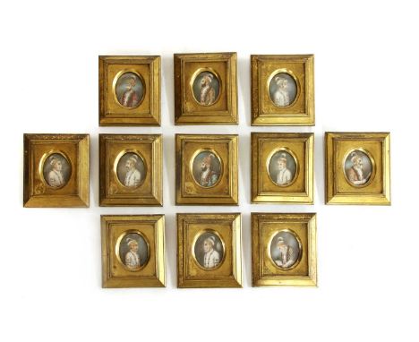 A collection of eleven Moghul portrait miniatures,  mid-19th century, Delhi, each on ivory, depicting emperors, labelled to t