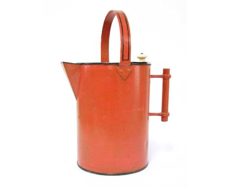 A Perry &amp; Co. toleware hot water jug,probably Christopher Dresser, with red painted and lined decoration, looping handle 