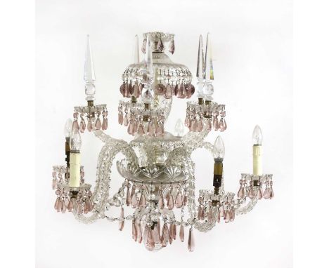 A French five-branch amethyst and cut-glass chandelier, the outer five facet cut scrolling branches with fluted drip pans and