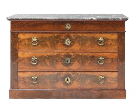 A Biedermeier mahogany commode,  with a grey-veined marble top, blind frieze drawer and three further drawers, gilt brass han