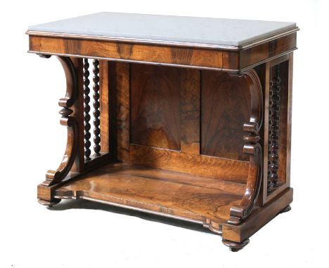 A Victorian rosewood console table,the rectangular marble top over a frieze drawer, above shaped and bobbin turned supports, 