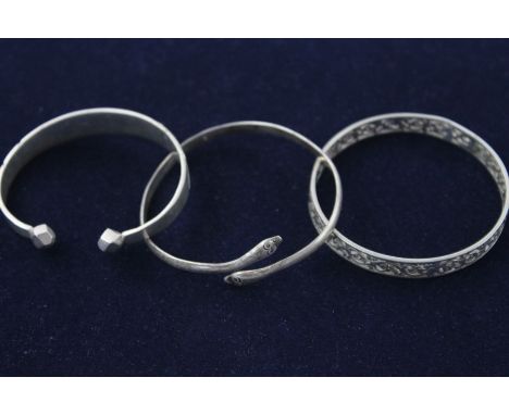 3 x vintage .925 sterling silver bangles inc. snake, torque, lattice (58g)