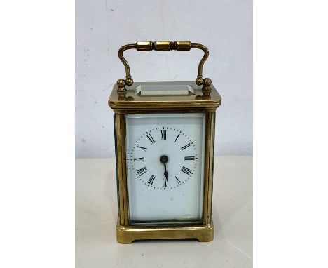 Vintage brass carriage clock key-wind missing minute hand ticking but no warranty given 