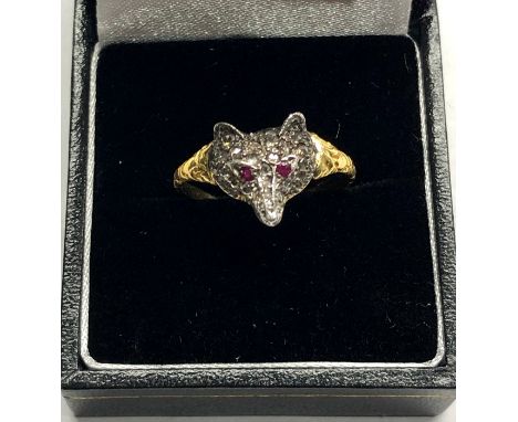 Gold and silver rose diamond and ruby eye fox head ring 