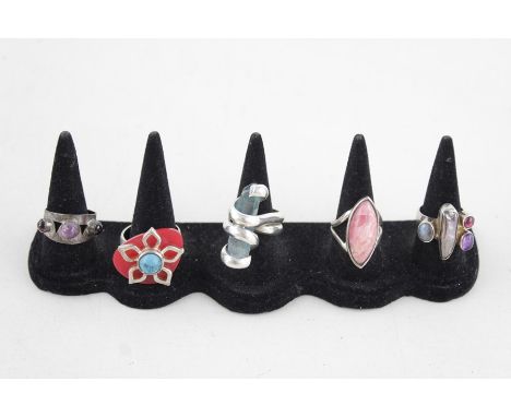 5 x Vintage .925 sterling silver gemstone set rings inc.Quirky, Statement (60g)