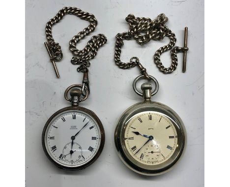 2 pocket watches with silver chains Smith L N ER Railway watch and a judges certex both watches wind and tick but no warranty