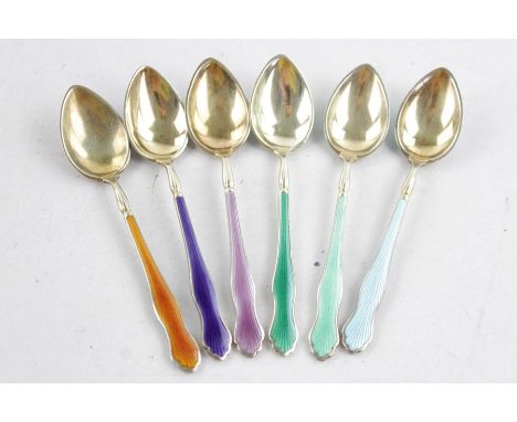 6 x Vintage stamped Norway .925 sterling silver Guilloche enamel teaspoons (64g)
