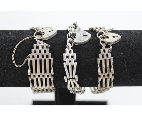 3 x Vintage .925 sterling silver gate bracelets inc. love heart padlock (59g)