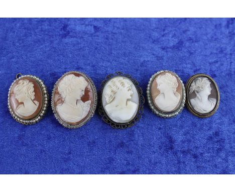 5 x Vintage &amp; antique carved shell cameo brooches Inc. female Bust, gold Plated