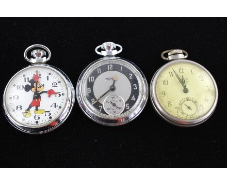 3 x Vintage Gents pocket watches hand-wind working Inc Smiths Mickey Mouse Etc  