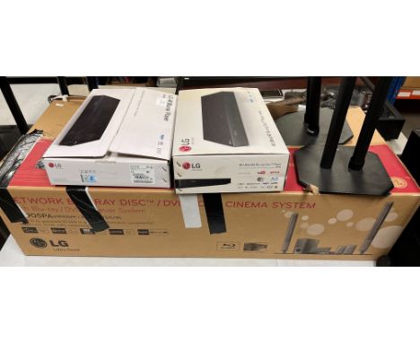 Collection of audio-visual items to include LG Home Cinema system featuring blu-ray players, speakers, speaker stands etc