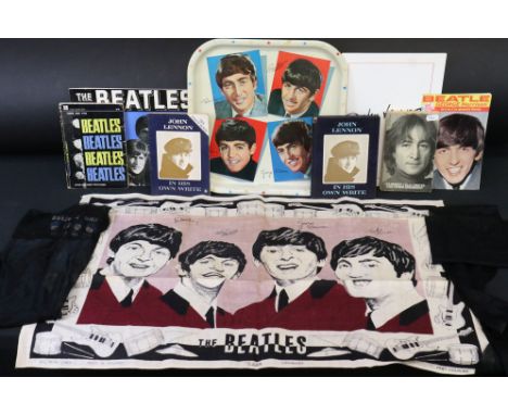 Memorabilia - Collection of Beatles items to include original Worcester Ware serving tray, Ulster Linen tea towel, a pair of 