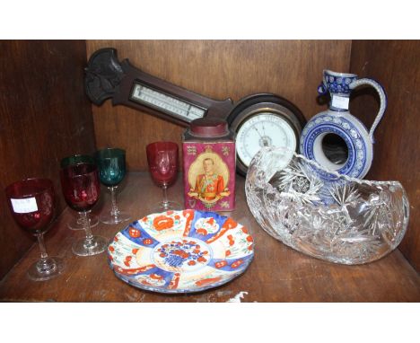 SECTION 8.  A small aneroid barometer, cut glass oval shaped bowl (rim with slight chip), five various small coloured glasses