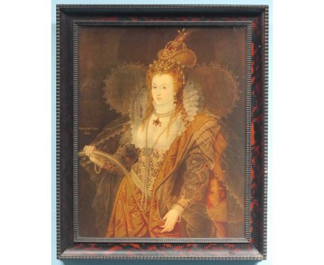 A print of the 'Rainbow Portrait', depicting Queen Elizabeth I,  the original being on display in Hatfield House, slogan read