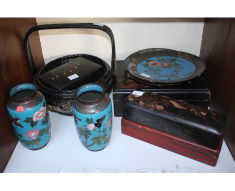 SECTION 15. A quantity of various black lacquered trinket boxes and a basket, together with a pair of cloisonné wall plates a