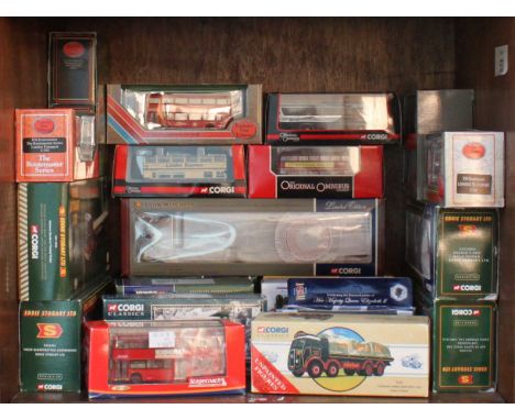 A collection of 50 assorted boxed scale model transport vehicles, predominantly buses, including Corgi 'The Original Omnibus'