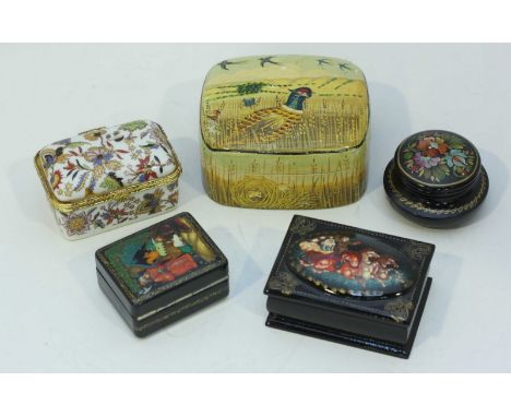 Three small Russian lacquer boxes, a trinket box decorated with pheasants and a porcelain floral pill box (5)