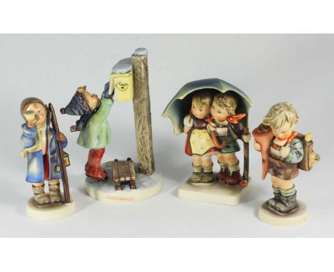 Four Goebel 'Hummel' porcelain figures: Stormy Weathers 71, Letter to Santa Claus, 340, Little Scholar 80, and Hear Ye, Hear 