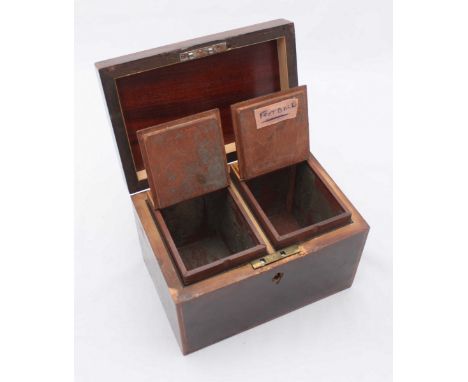 A mahogany tea caddy with boxwood and satinwood inlay, opening to reveal two inlaid lidded compartments, approx. 21cm wide, a