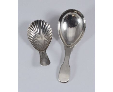 A silver caddy spoon by William Eaton, hallmarked London, 1827, together with another Georgian silver caddy spoon by John Thr