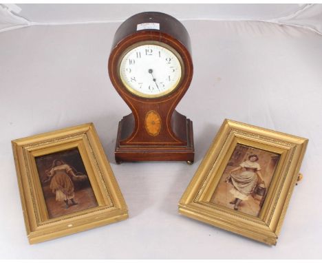 Two framed crystoleum portrait studies depicting young milkmaids, 14 x 7.5cm, together with an Edwardian inlaid mahogany mant