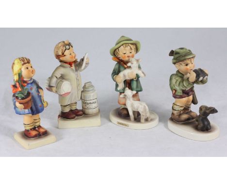 Four Goebel 'Hummel' porcelain figures: Little Pharmacist 322, Good Hunting 307, Shepherd Boy 64 and Congratulations 17/0 (so