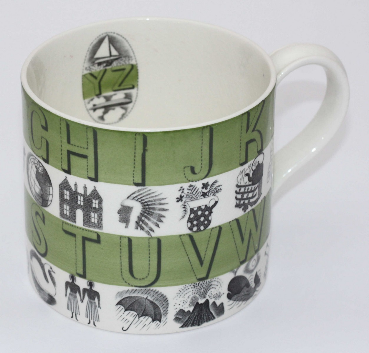 A large Wedgwood Alphabet mug designed by Eric Ravilious with green