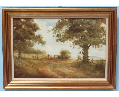 David Dipnall (born 1941) 'South Downs' a country scene of trees and flowers with a wooden fence with stile and gate, oil on 
