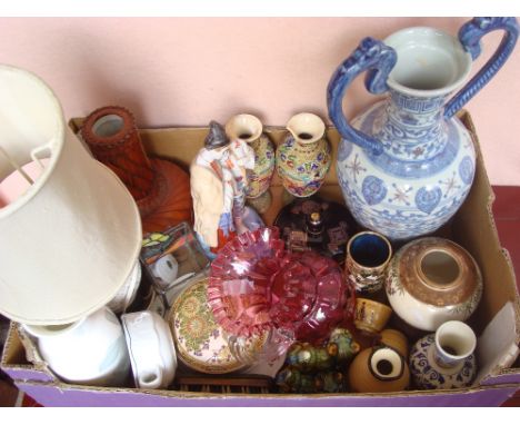 A mixed lot of ceramics to include a Russian porcelain figure of rustics, a Chinese blanc de chine reticulated vase fitted as