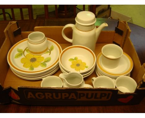 A Royal Doulton cinnamon pattern stoneware part dinner and tea service comprising six dinner plates, ten side plates, five de