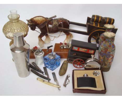 A mixed lot to include a brass oil lamp, a pair of Japanese pottery vases, a cocktail shaker, table lighters, hip flasks, a c