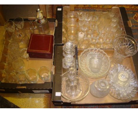 Three boxes of drinking glasses and other glassware to include a Schwepps soda siphon, a pair of Edwardian hobnail cut square