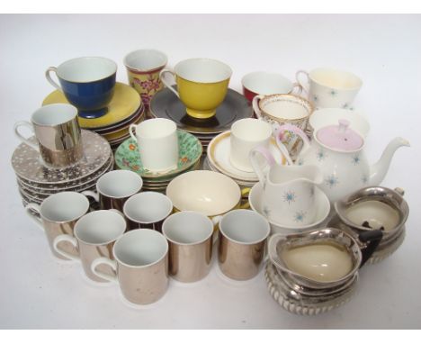 A mixed lot of china and glassware comprising Roslyn china tea service for two, a set of eight silver lustre coffee cans and 