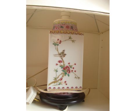 A Chinese square form famille rose table lamp, fitted as a table lamp on ebonised stand. 