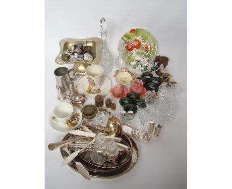 A mixed lot to include EPNS, a crystal liqueur decanter and glasses, brass weights, Sylvac flower basket etc. 