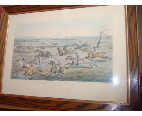 Three reproduction Alken hunting aquatints with hand colouring and sundry prints etc.