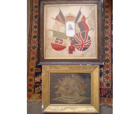 A First World War silk embroidered panel, with central photograph surmounted by a crown and flanked by allied flags together 