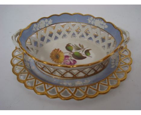 An early 19th Century Spode twin handled botanical chestnut basket and stand, pattern 2425, each piece decorated in colour en