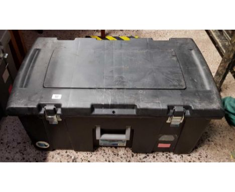 BLACK PLASTIC STORAGE TRUNK ON WHEELS