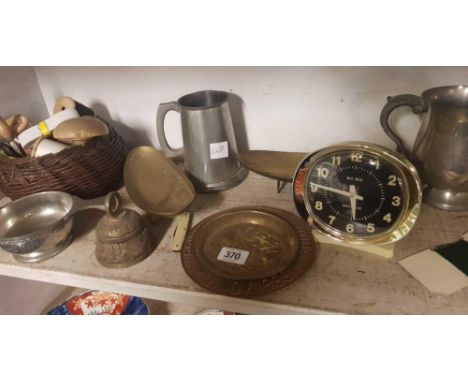 SHELF OF PLATED WARE, DRINKING TANKARDS ETC, ALARM CLOCK