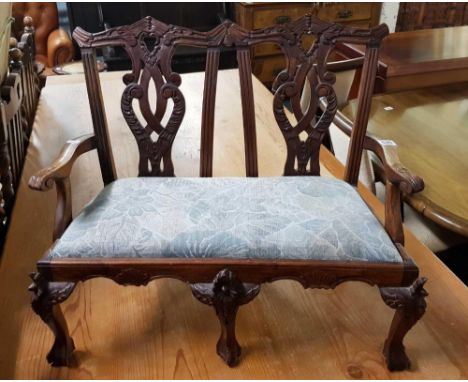 PRETTY CARVED MAHOGANY MINIATURE SOFA WITH ARMS &amp; BALL &amp; CLAW FEET