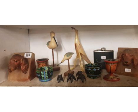 SHELF OF ORNAMENTS, DOG BOOK END &amp; HIP FLASK ETC