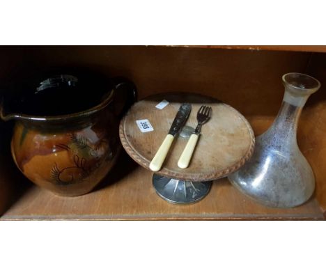 STUDIO POTTERY JUG, GLASS DECANTER, WOOD &amp; WHITE METAL STAND ETC