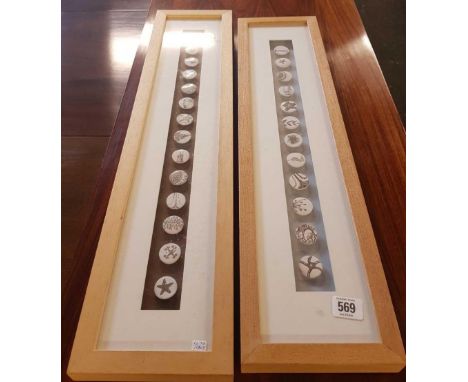 2 FRAMED SET OF HAND PAINTED CERAMIC BUTTONS BY CAROLINE BARNES, BOTH SIGNED
