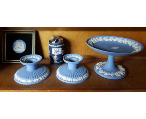 PAIR OF WEDGWOOD CANDLE STICK, WEDGWOOD LIGHTER, WEDGWOOD PEDESTAL DISH &amp; WEDGWOOD FRAMED PLAQUE