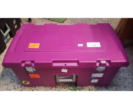 RED PLASTIC WHEELED STORAGE TRUNK