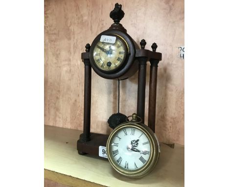 WOODEN 4 PILLAR MANTLE CLOCK WITH JUNGHAN MOVEMENT &amp; 1 OTHER IN SHAPE OF A POCKET WATCH