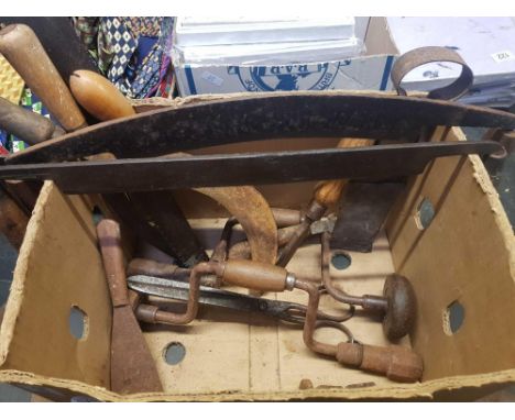 CARTON WITH HAMMERS, SICKLES, DRAW KNIVES, BRACES, BLOW LAMP &amp; OTHER TLS