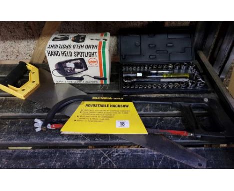 HAND HELD SPOT LIGHT, HACK SAW, PANEL SAW &amp; SMALL SET OF SOCKETS